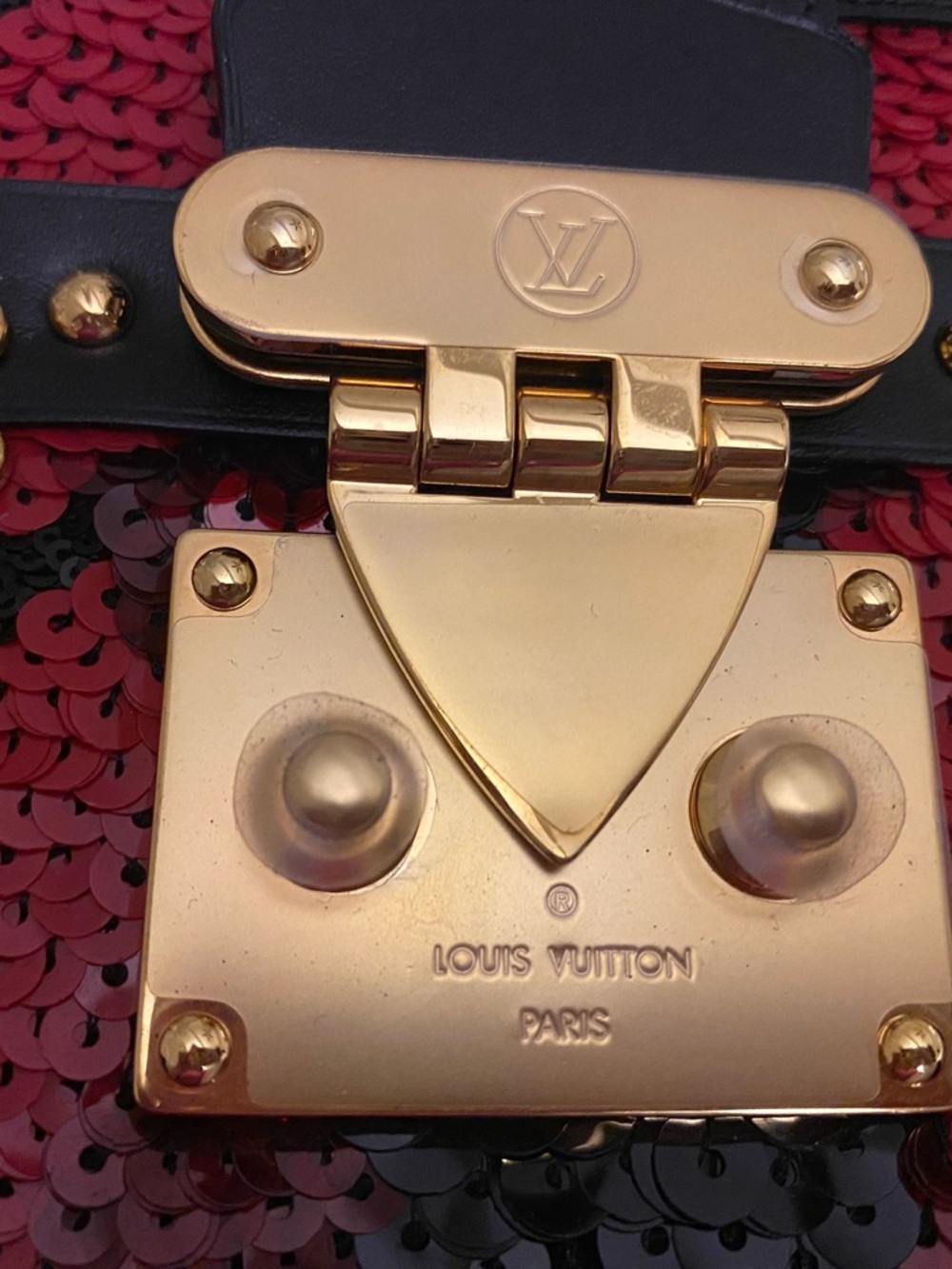 Louis Vuitton Black & Red Sequin Petite Trunk Clutch with Gold Hardware - Picture 2 of 13